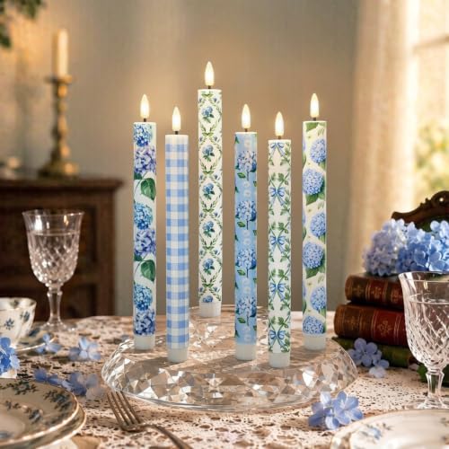 Velas LED de hortensias azules decorativas cónicas a pilas con mando