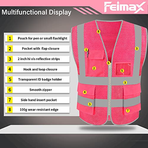 Feimax High Visibility Safety Vest Mesh Reflective Work Vests For Men Women With Pockets And Zipper Meets Ansi/Isea Standards (Pink, Large) #TOP1