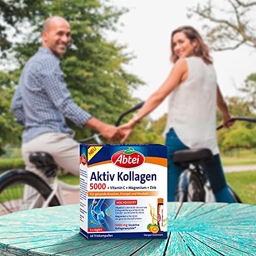 Abtei Aktiv Kollagen 5000 - Für gesunde Knochen, Knorpel und Muskeln - mit Vitamin C, Magnesium und Zink – laborgeprüft und zuckerfrei - 1 x 10 Trinkampullen à 25 ml