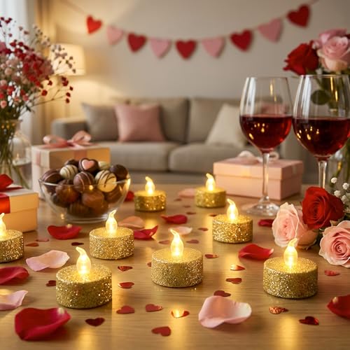 Image of 12PCS Gold Tea Lights,Glitter Tealights Candle Battery Operated for Christmas Halloween Home Decor Wedding Anniversary Party Table Decoration