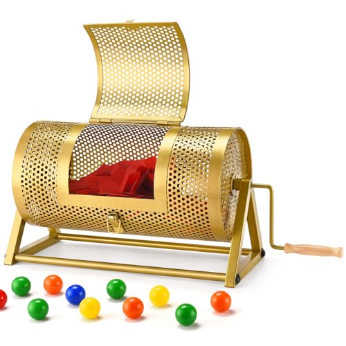 Raffle Drum, Thickened Metal Raffle Ticket Spinner Box with Sealing Tape, Silent Design Raffle Ticket Cage with Wooden Turning Handle & Stable Tripod Stand for Lottery Games, Raffle Balls, Bingo