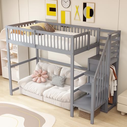 Cama alta infantil de 90x200 de madera con armario para cuarto pequeño 2