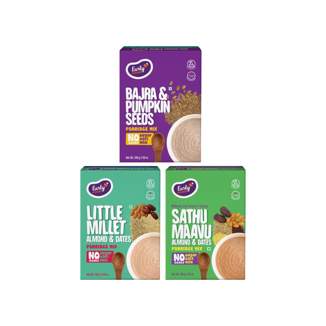 Early Foods - No Salt No Added Sugar Cereals - Pack of 3 Combo of Porridges (Sathu Maavu, Bajra & Little Millet Porridge) | No Milk Powder | Millet & Ragi Cereal with Dry Fruits | 200g X 3-picture-35