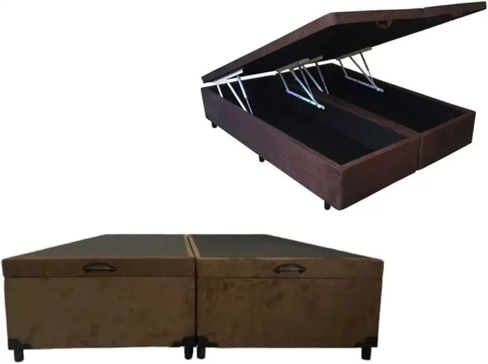 Cama Báu Box Base King Size Bipartido Suede Marrom, RC. 203x193 com Pistão a Gás.