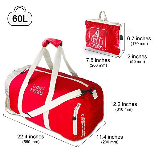 Travel Inspira Foldable Travel Duffle Bag Collapsible Packable Lightweight Sport Gym Bag Emergency Use Water Resistant Nylon 40L Red