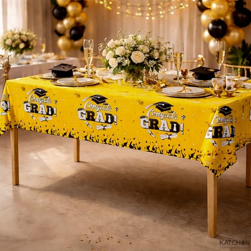 Image of KatchOn Graduation Tablecloth, Pack of 3, 54 x 108 Inches, Graduation Decorations 2026, Yellow Table Cloths, Gongrats Grad Tablecover, Graduation Party Decorations, Graduation Table Decorations 2026