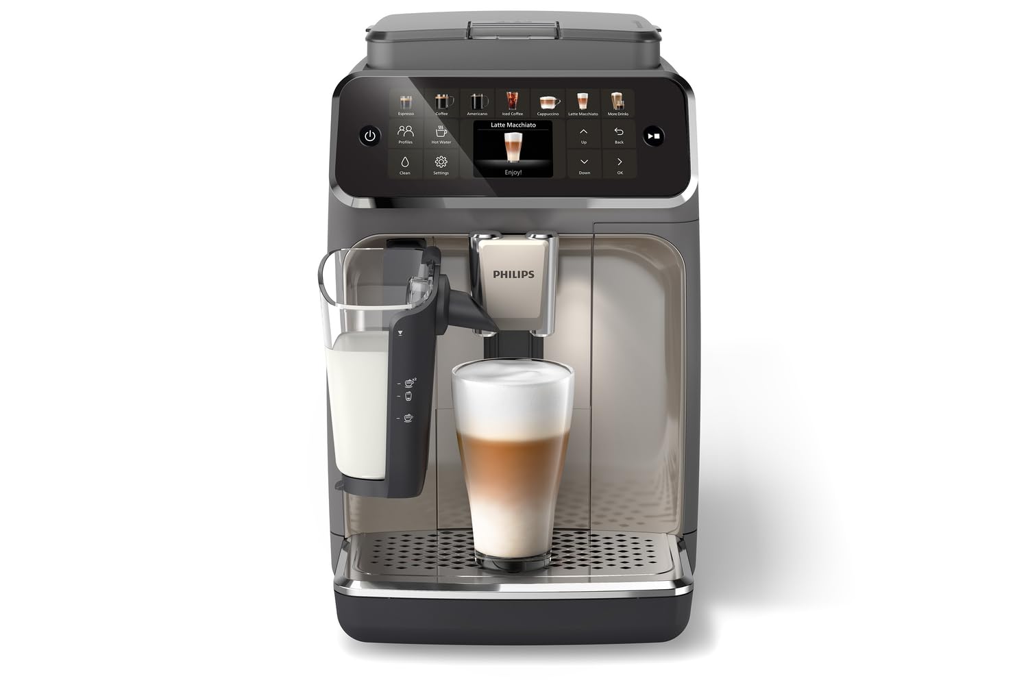 PHILIPS 4400 Series Fully Automatic Espresso Machine, LatteGo Milk System, Integrated Grinder, 12 Hot & Iced Coffee Pre-Sets, Quick Start, SilentBrew, 15-Bar Pressure, Black Chrome (EP4444/90)