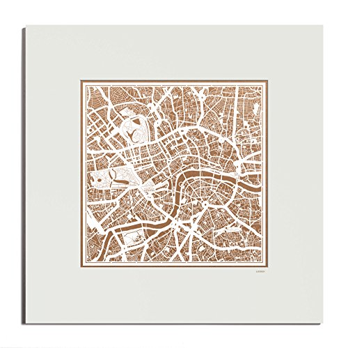 O3 Design Studio London Paper Cut Map Matted Brown 20x20 in. Paper Art