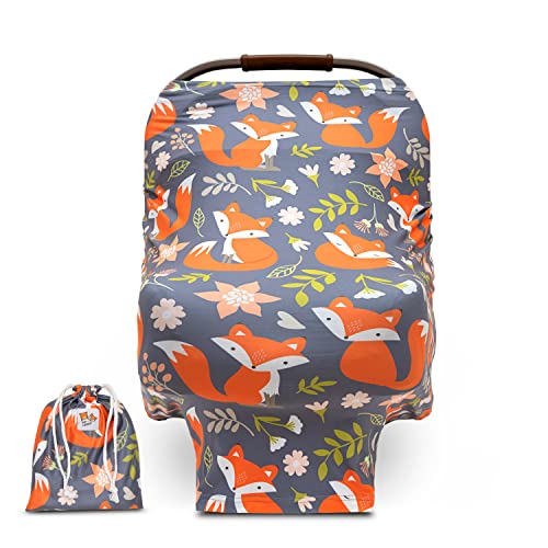 Image of Baby Car Seat Canopy and Nursing Cover Up for Breastfeeding Moms | Multi-use 5-in-1, Breathable, Soft, Stretchy, Washable, Universal Fit | Cute Unisex Woodland Fox Pattern