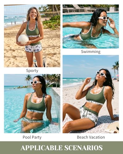 Image of Women Two Piece Sporty Bikini Set Athletic Swimsuits with Boy Shorts Bottom