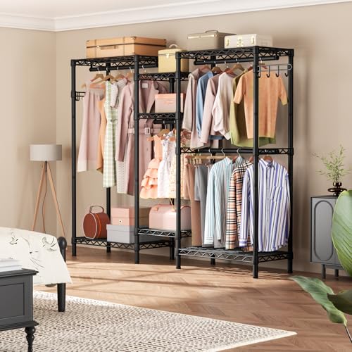 Heavy Duty Garment Rack Large Clothes Rack,Freestanding Closet Portable Clothing Rack with 7 Adjustable Wire Shelves&4 Hang Rods&2 Hooks,Metal Closet Storage Organizer Wardrobe System,MaxLoad 1000lbs