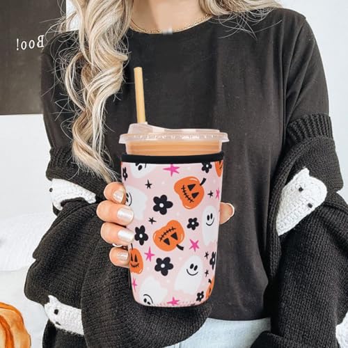 Image of Reusable Insulated Neoprene Iced Coffee Cup Sleeve, Durable Drink Sleeve for Cold Beverages, Beverage Holder for Iced Coffee, Hello Pumpkin