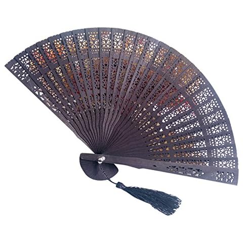 Lazzboy Hand Folding Fans Bamboo Openwork Solid Plain Vintage Costume Party Wedding Chinese Home Decorations(Black,23cm) Cover