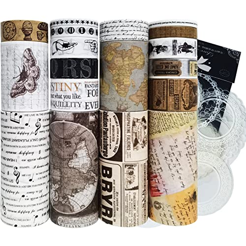 wonderbooom Vintage Washi Tape Set 18 Rolls & 30 Pcs Transparent Lace Sticker,Japanese Decorative Writable Tapes Wide for Scrapbooking Supplies Bullet Journal DIY Planners Junk Journal