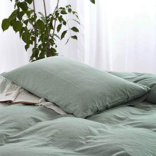Modern Style Solid Color 3 Pieces King Size Duvet Cover Sets Green 100% Natural Washed Cotton 1 Duvet Cover 2 Pillowcases Hotel Quality Soft Breathable with Zipper Ties -(King, Green) - Thumbnail 4