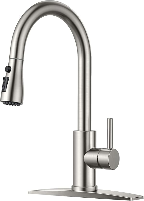FORIOUS Kitchen Faucet with Pull Down Sprayer, Stainless Steel Single Handle Traditional Dual Mode Setting Faucet for Kitchen Sink Farmhouse RV Bar Laundry Camper, Lead-Free, Brushed Nickel by FORIOUS - Used condition - CA$49.71