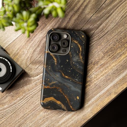 Coque rigide iPhone 15 Pro brillante marbrée noire et dorée premium - 3
