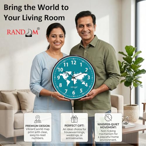 Image of RANDOM Black Plastic World Map Print Sweep Silent Round Battery Operated Analog Wall Clock for Home Office, Living Room, 32 cm
