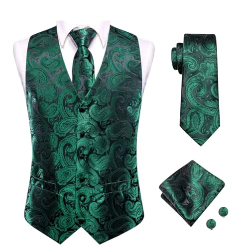 Men's Textured Silk Waistcoat Tie Hanky Cufflinks Set for Business Wedding Suit Outfit