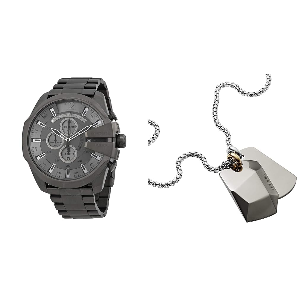 Diesel Hombre Mega Chief Gris Acero Inoxidable Reloj y Plateado Collar, Set