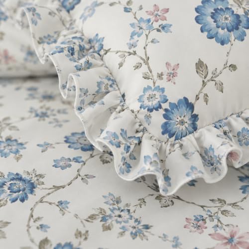 Image of Blue Strip Floral Fitted Bedsheet Set, White and Blue, 182 x 198 cm, with 2 Frill Pillow Covers, Double /Queen /King Bed