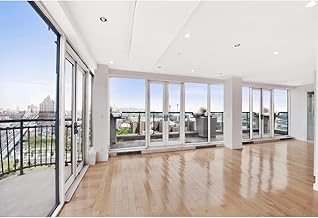 Laeacco Vinyl 7x5ft Top of Building Empty Viewing Room Interior Photography Background Empty Office French Windows Smooth Wooden Floor Balcony City Aerial View Backdrops Personal Portraits Shoot