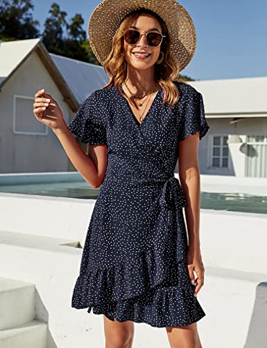 Naggoo Women's Summer Wrap V Neck Polka Dot Print Ruffle Short Sleeve Mini Floral Dress with Belt - Image 5