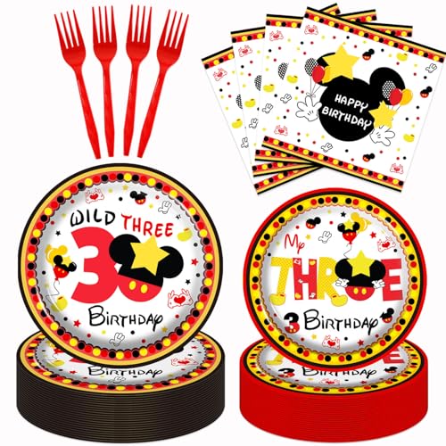 XXDecor 80pcs Red Cartoon 3rd Birthday Party Supplies - Young Wild and Three Dessert Plates Napkins Red Black 3rd Paper Plates Tableware Kit for Kids Boys Three Years Old Birthday Party Decorations