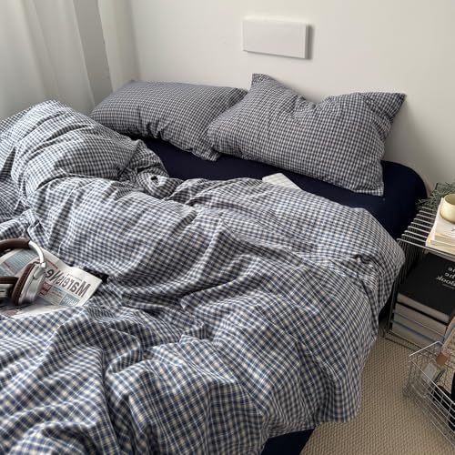Image of VM VOUGEMARKET Blue Plaid Gingham Duvet Cover King 3 Pieces Checkered Grid Duvet Cover 100% Washed Cotton Boys Men Comforter Cover with Zipper Closure 2 Pillowcases Luxury Soft Breathable Bedding Set