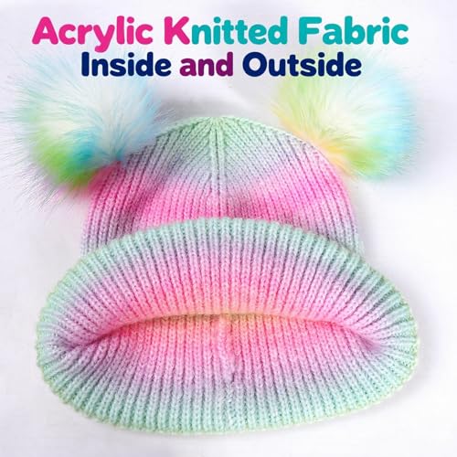 Girls Rainbow Pompom Beanies Hats, Embroidered Cat Knit Beanie Hat for Kids Snow Ski Skull Cap Age 3-144