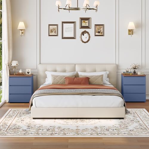 Image of FOTOSOK Nightstand with 3 Drawers, Bedside Table Night Stand for Bedroom with Cut-Out Handle, Sofa Side Table 3 Drawer Nightstand for Bedroom, 17.7W*15D*21.7H, Blue