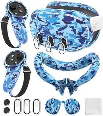 Silicone Cover Set Compatible with Meta/Oculus Quest 3 Accessories, Controller Grips, VR Shell Cover, Facial Interface Cover, Protective Lens Cover, Tempered Glass Lens Caps, Not Fit Quest 3S