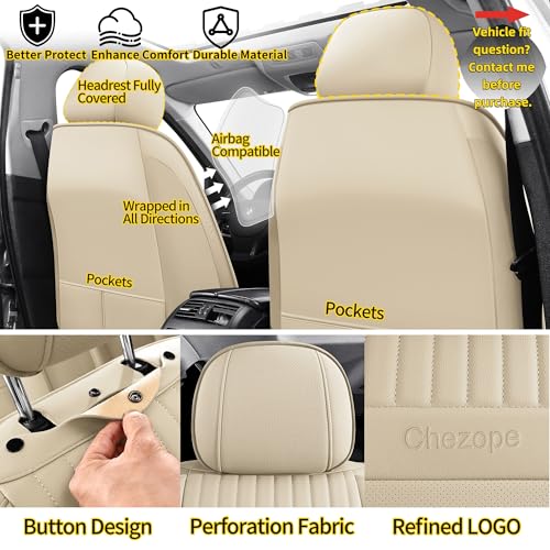 Chezope Car Seat Covers Full Set, Beige Leather Seat Covers, Breathable Front and Back Car Seat Protectors, Wear-Resistant Seat Covers Universal Fit for Most Cars SUV Truck (Beige-Stripes-A, Full Set) — view 4