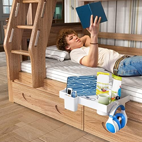 SOLEJAZZ Półka nocna na łóżko, składana, na gorę łóżka piętrowego, z klipsem, do akademika, z uchwytem na kubek i kabel, organizer, do sypialni, szafka nocna, biała