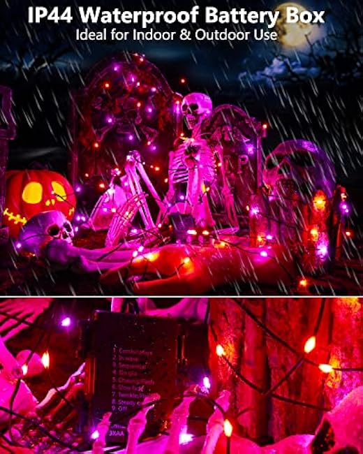 Brizled Purple & Orange Halloween Lights, 2 Pack 17.38ft 50 LED Battery Operated Halloween Lights with Timer, 8 Modes Halloween String Light Black Wire, Halloween Lighting Indoor Outdoor Spooky Decor