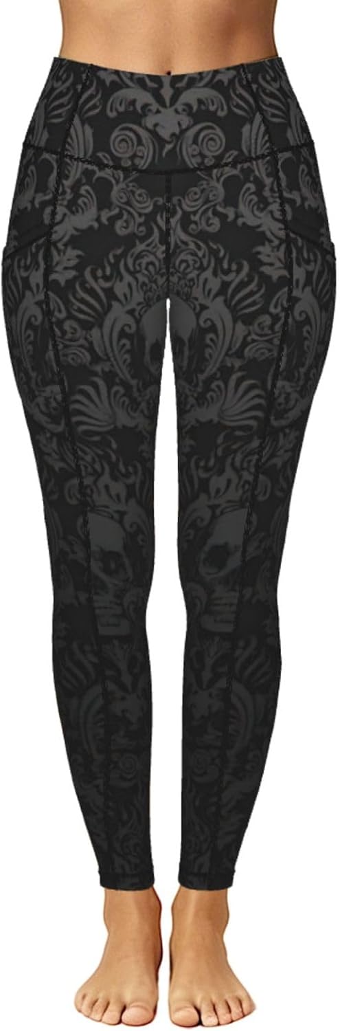 Gothic Wallpaper Skull Print Gym Legging with Pocket Yoga Pants for Women High Waisted Sport Running Tights