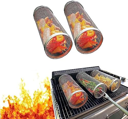 [2 PCS] 2023 New Stainless Steel Barbecue Cooking Grill Baskets For Outdoor Grill - Grill Grate - Outdoor Round Bbq Stainless Steel Grill Basket Campfire Grill Grid - Camping Picnic Cookware