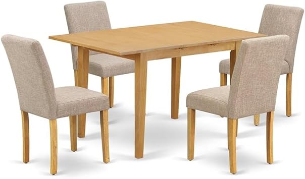 Pemberly Row Modern 5-Piece Wood Dining Set, Oak Finish Table with Self-Storing Leaf, Light Fawn Upholstered Chairs, Asian Hardwood Construction, Contemporary Kitchen or Dining Room Furniture