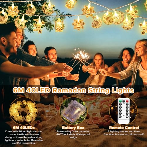 Ramadan String Light, Necomi 40LEDs Ramadan Decorations Lights with Remote, 8 Light Modes, Battery Powered, Star Moon Castle Lantern Fairy Light Decorations for Ramadan