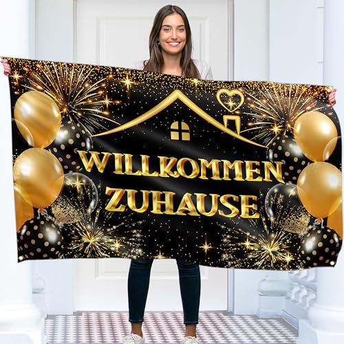 Willkommen Zuhause Banner 150 x 90 cm – Herzlich Girlande – Zurück Deko – Lebendiger Digitaldruck – 110 Den Polyester – Doppelnaht (Schwarz & Gold)