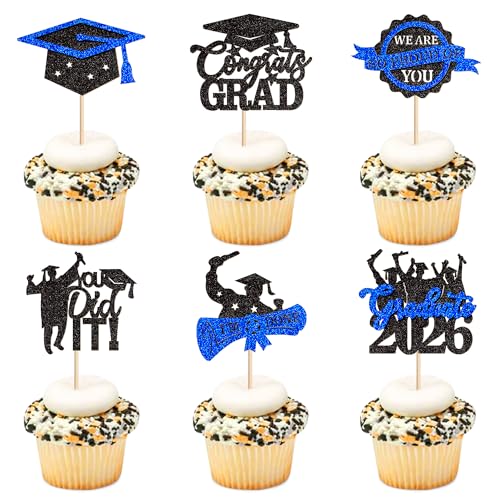 Ercadio 30 Pack 2026 Graduation Cupcake Toppers Glitter Black Blue Proud Of You Congrates Grad Cupcake Picks 2026 Master Degree University Graduation Party Decorations Supplies