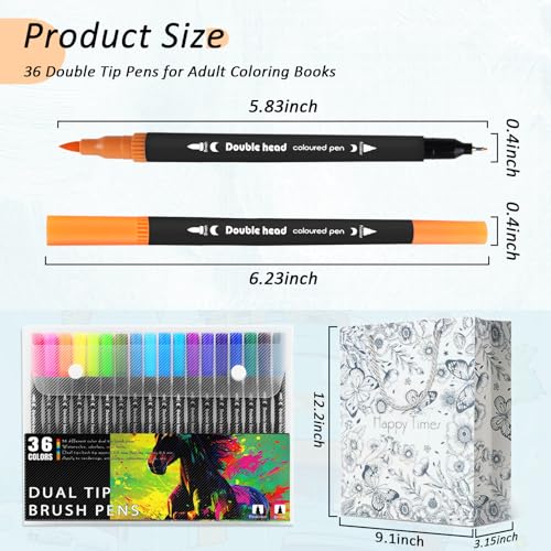 Image of 3Pcs Adult Coloring Book for Women Relaxation, 36 Colors Markers with Spiral Bound Adult Coloring Book for Women, 36 Dual Tip Colors Markers, Anxiety Relief Mindfulness Gifts(Ocean & Bird & Butterfly)