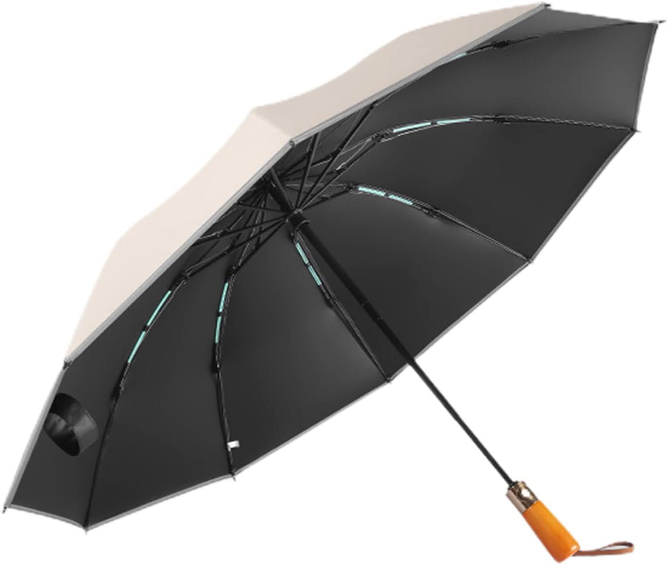 Folding Umbrella, Inverted Umbrella Windproof Strong, Luxurious Real Wood Handle Auto Open/Close, Anti-UV, Compact, Portable Travel Umbrella with Reflective Stripes