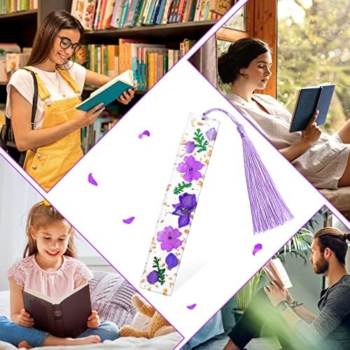 PROUSKY Resin Bookmark Personalised Bookmark, Dried Flower Bookmark with Bookmark Tassels, Floral Resin Bookmark for Readers Students Birthday Teachers Christmas Gift(Purple)