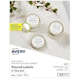 Avery Printable Round Labels, 2" Diameter, Matte White with Metallic Gold Borders, Permanent Adhesive, 120 Blank Labels, Great for Weddings, Showers, Holidays, and More (22875)