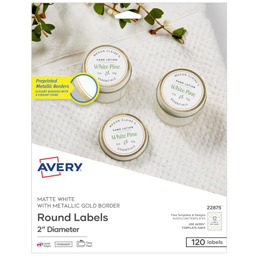 Avery Printable Round Labels, 2" Diameter, Matte White with Metallic Gold Borders, Permanent Adhesive, 120 Blank Labels, Great for Weddings, Showers, Holidays, and More (22875)