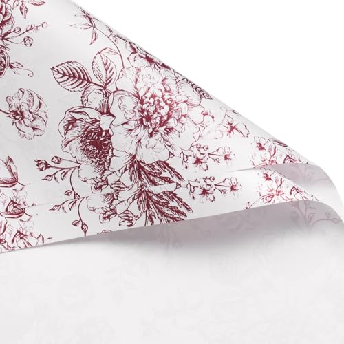 WRAPAHOLIC 20 Sheets Flower Wrapping Paper - 22.4 x 22.4 inch Red Vintage Floral Printed Water-Resistant Floral Bouquet Wrapping Paper, Florist Supplies Packaging for Wedding Birthday Gift DIY