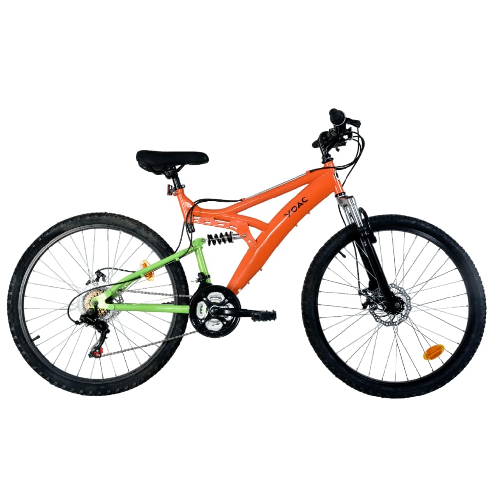 Basis Bikes YOAC 89 Dual Suspension Mountain Bike, 18 Speed – Green/Orange
