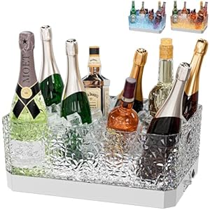 Plastic Ice Bucket for Parties, 15Liter / 4 Gallon Big Large Clear Beverage Tub for Champagne Beer Drink Wine Cocktails Bar, Hosting Party Essentials, LED Light Up, rectangular, Leakproof