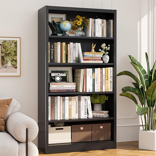 CBNTKI 55" Tall Metal Bookshelf, Heavy Duty Black Bookshelf with 4 Adjustable Storage Shelves, Large Deep Bookcases for Office, School, Home, Bedroom, Library